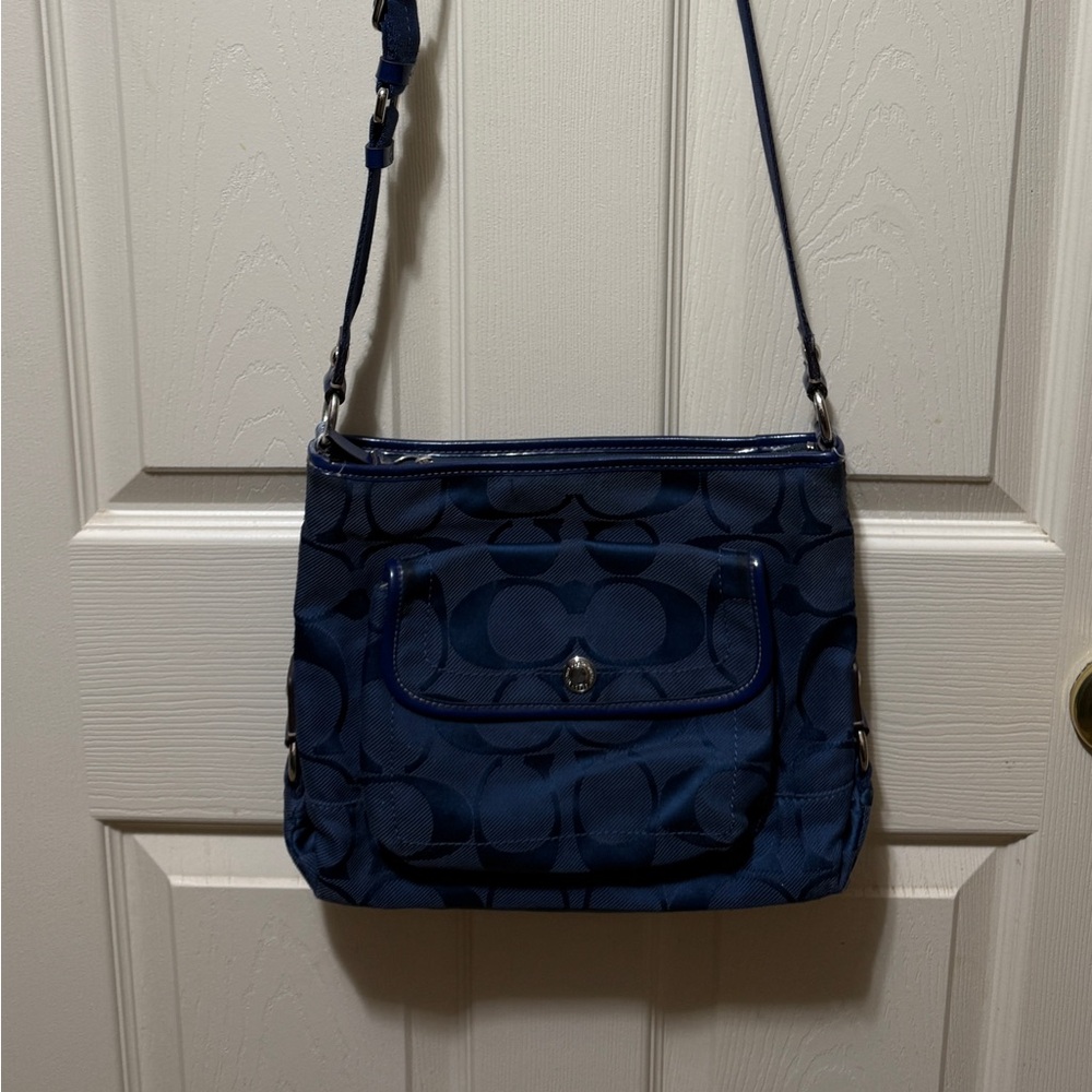 Navy Blue Coach Crossbody Bag with Silver Accents